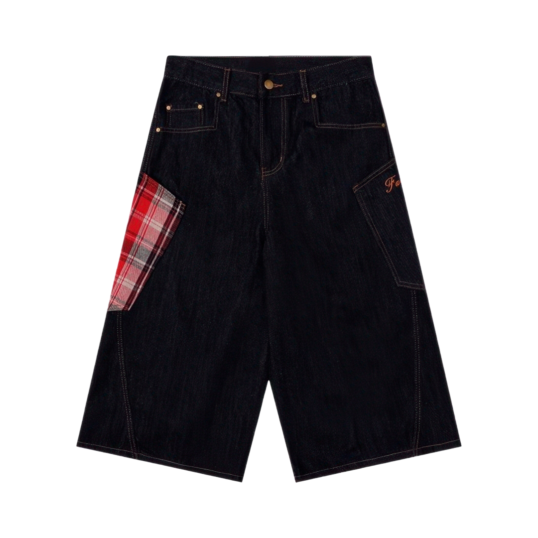 Baggy Plaid Patch Denim Shorts