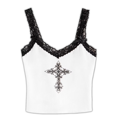 Gothic Cross Print Lace Top