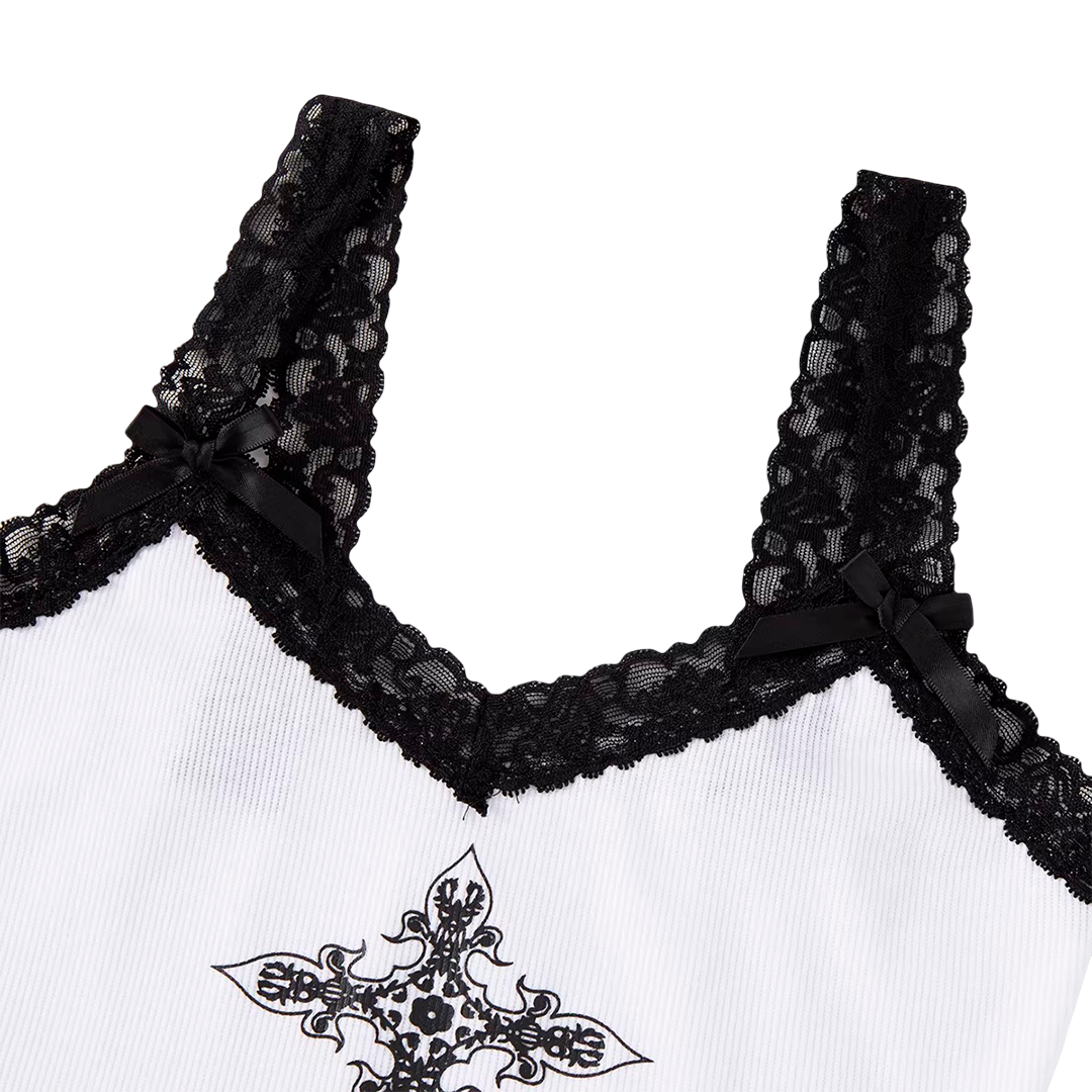 Gothic Cross Print Lace Top