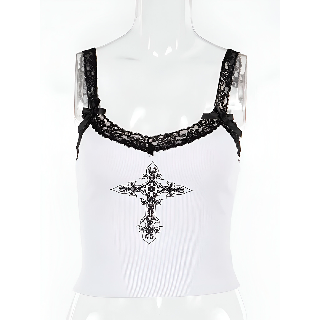 Gothic Cross Print Lace Top