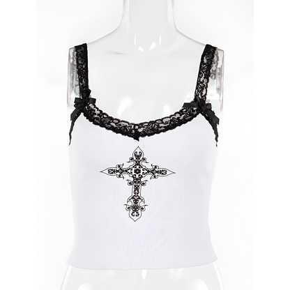 Gothic Cross Print Lace Top