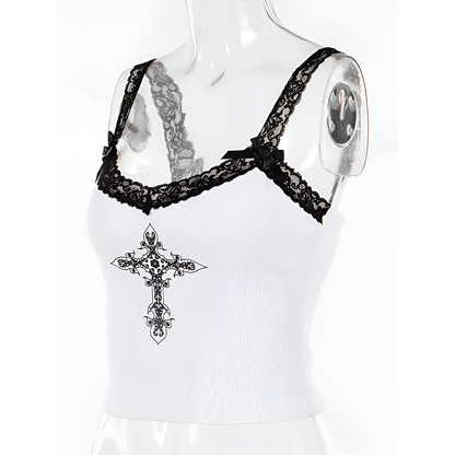Gothic Cross Print Lace Top