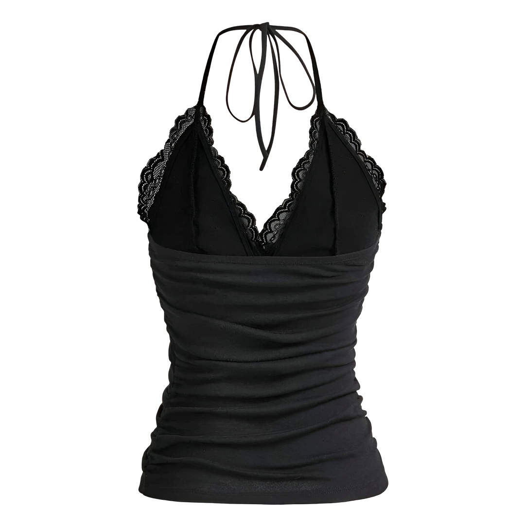 V Neck Ruched Low Cut Halter Tank Tops