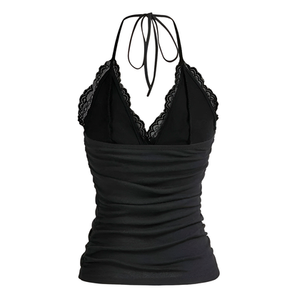 V Neck Ruched Low Cut Halter Tank Tops