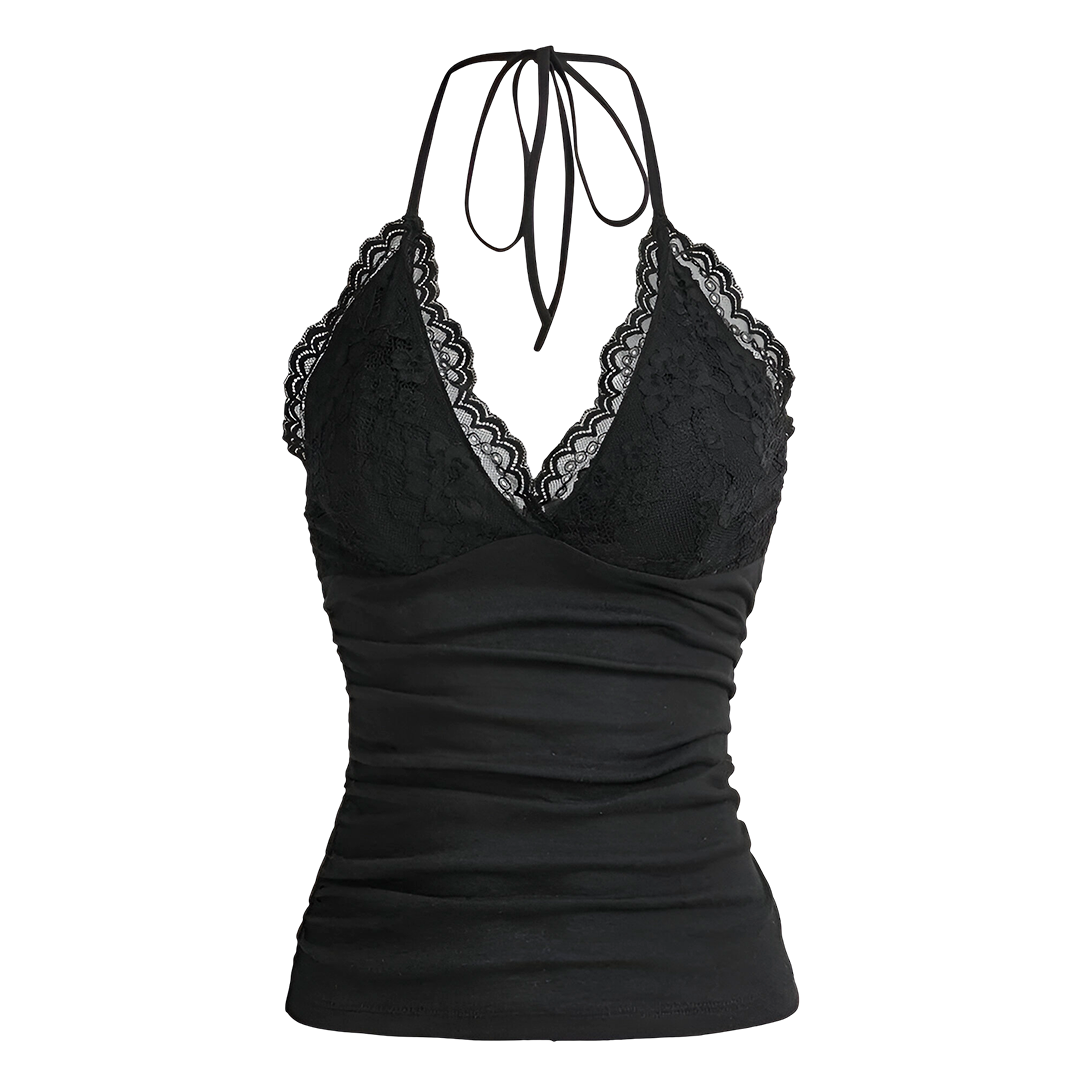 V Neck Ruched Low Cut Halter Tank Tops
