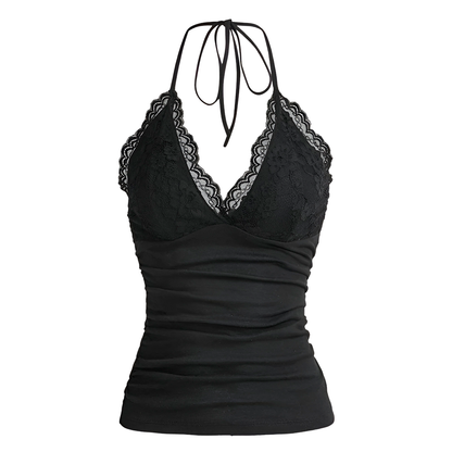 V Neck Ruched Low Cut Halter Tank Tops