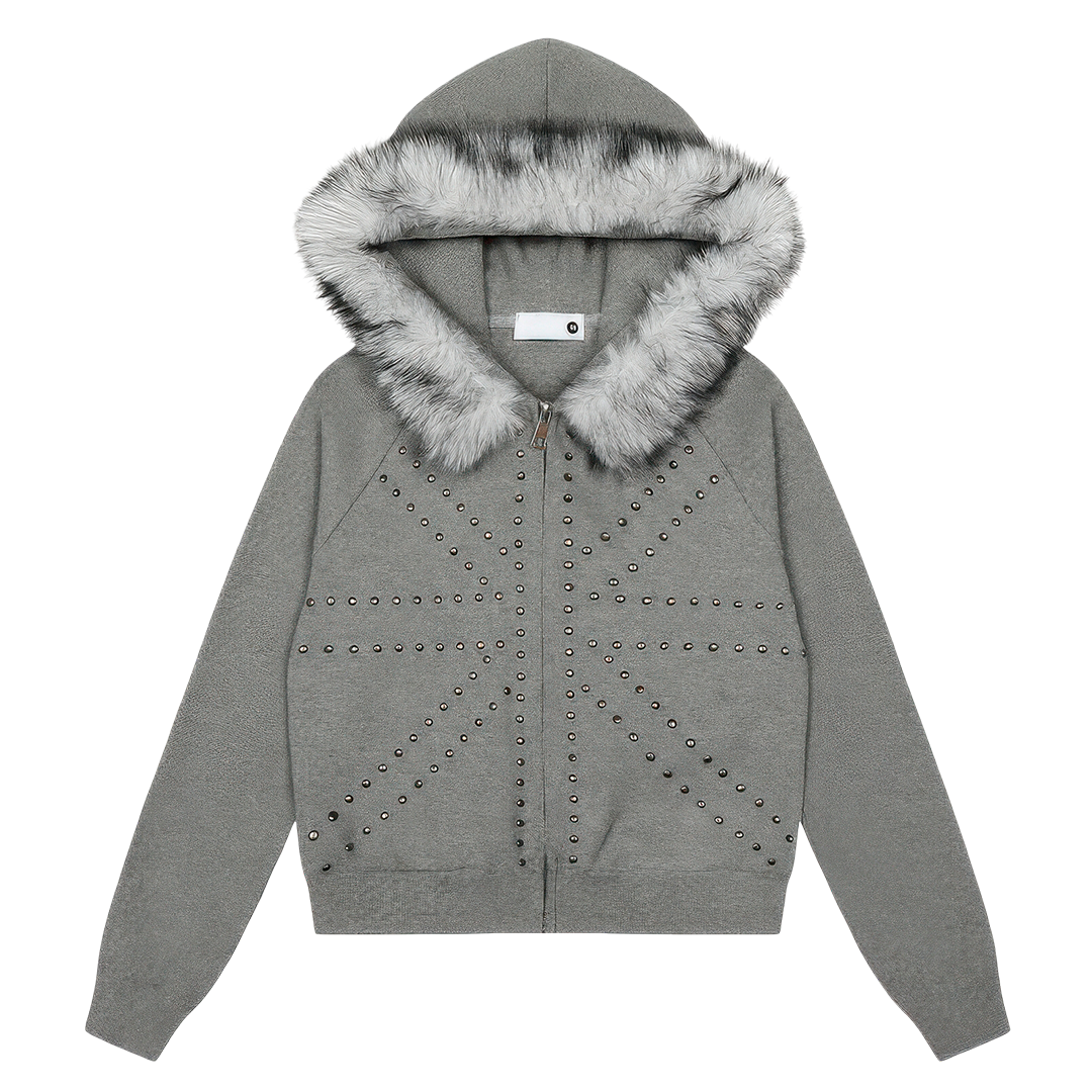 STUDDED FUR HOODED ZIP-UP
