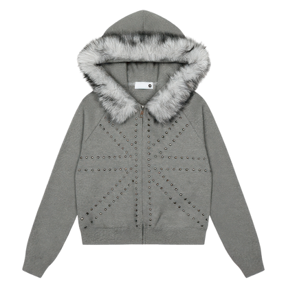 STUDDED FUR HOODED ZIP-UP