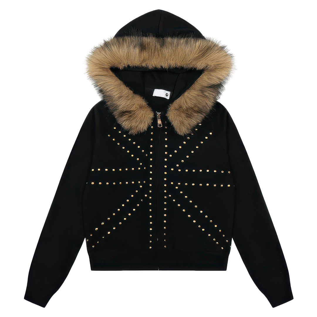 STUDDED FUR HOODED ZIP-UP