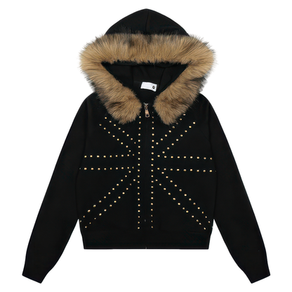 STUDDED FUR HOODED ZIP-UP