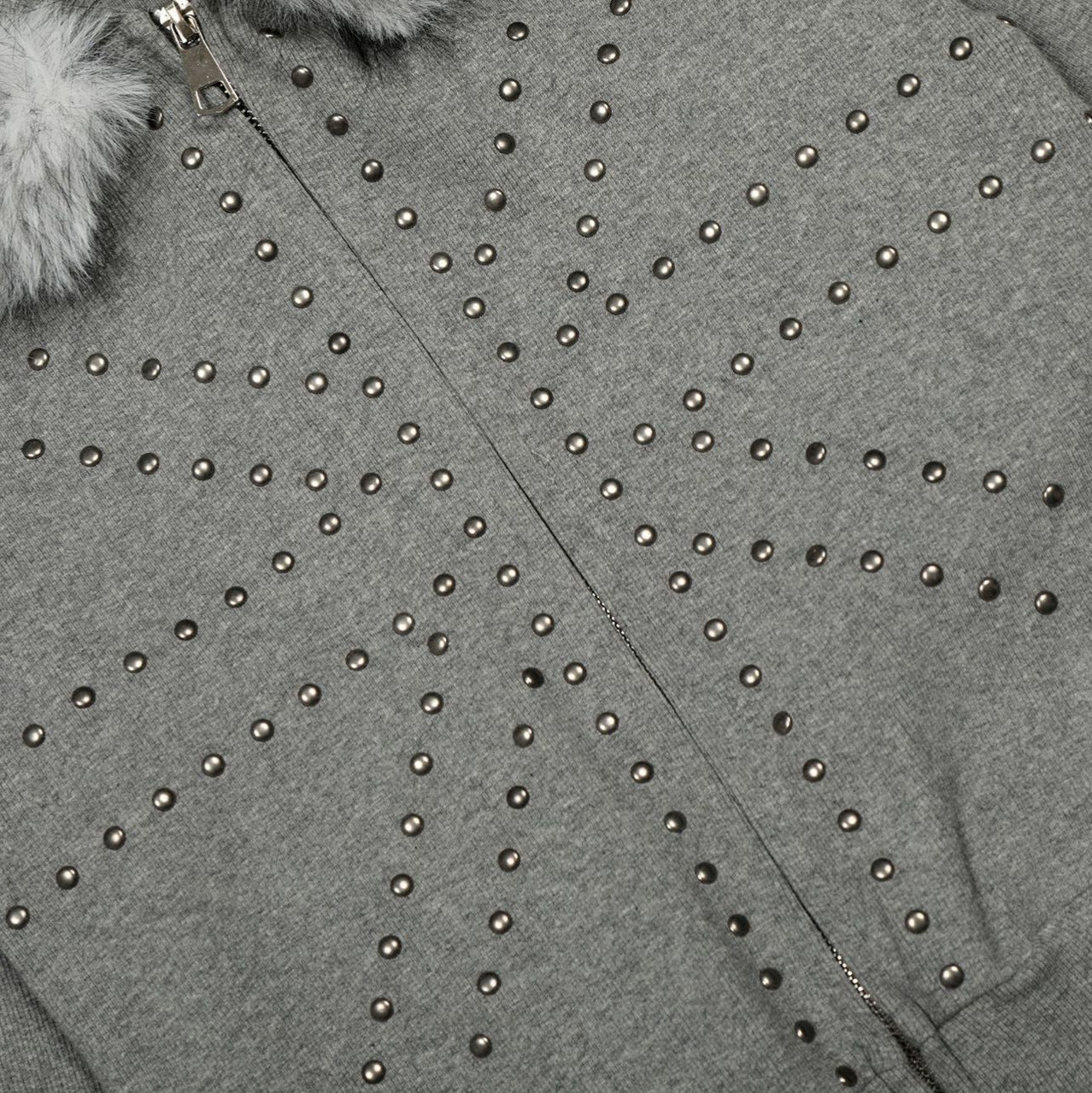 STUDDED FUR HOODED ZIP-UP