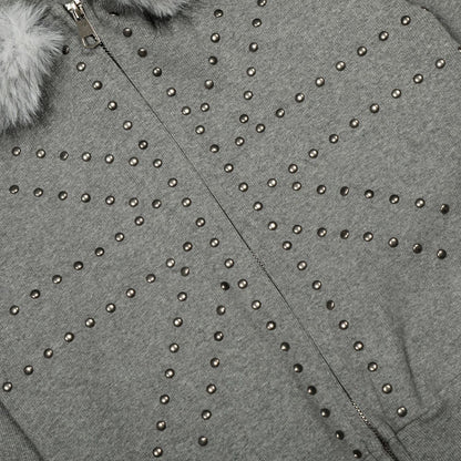STUDDED FUR HOODED ZIP-UP
