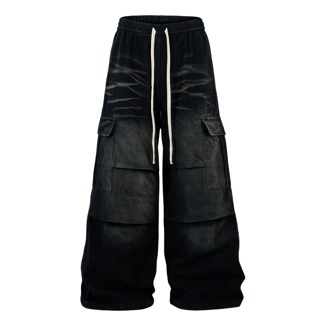 Washed Multi Pocket Drawstring Cargo Jeans