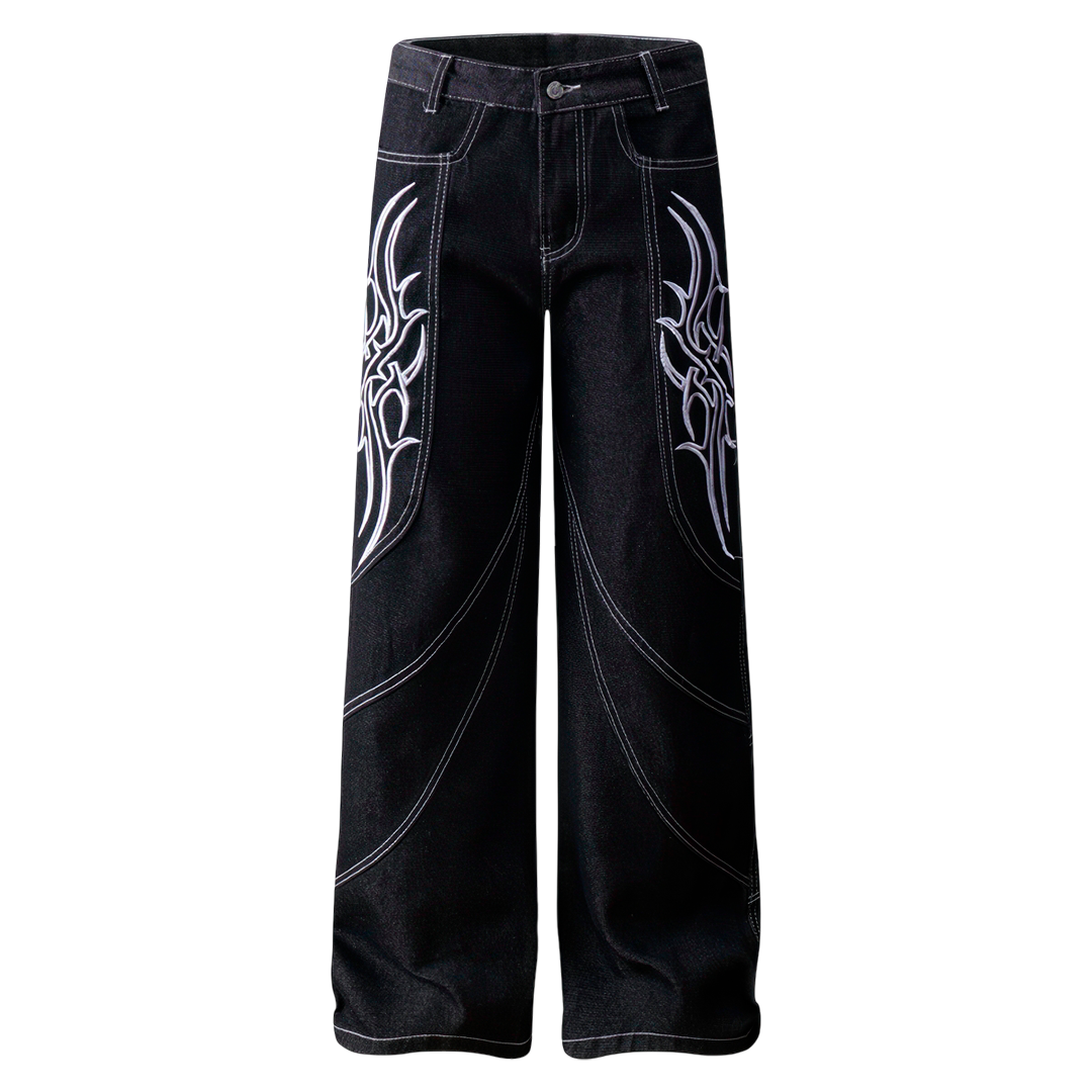 Black Tribal Embroidered Wide Leg Pants