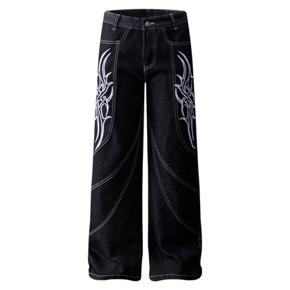 Black Tribal Embroidered Wide Leg Pants