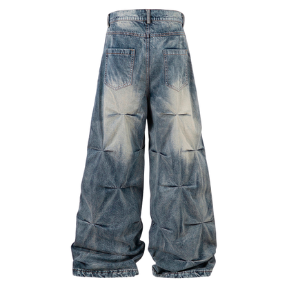 Distressed Washed Pleated Jeans