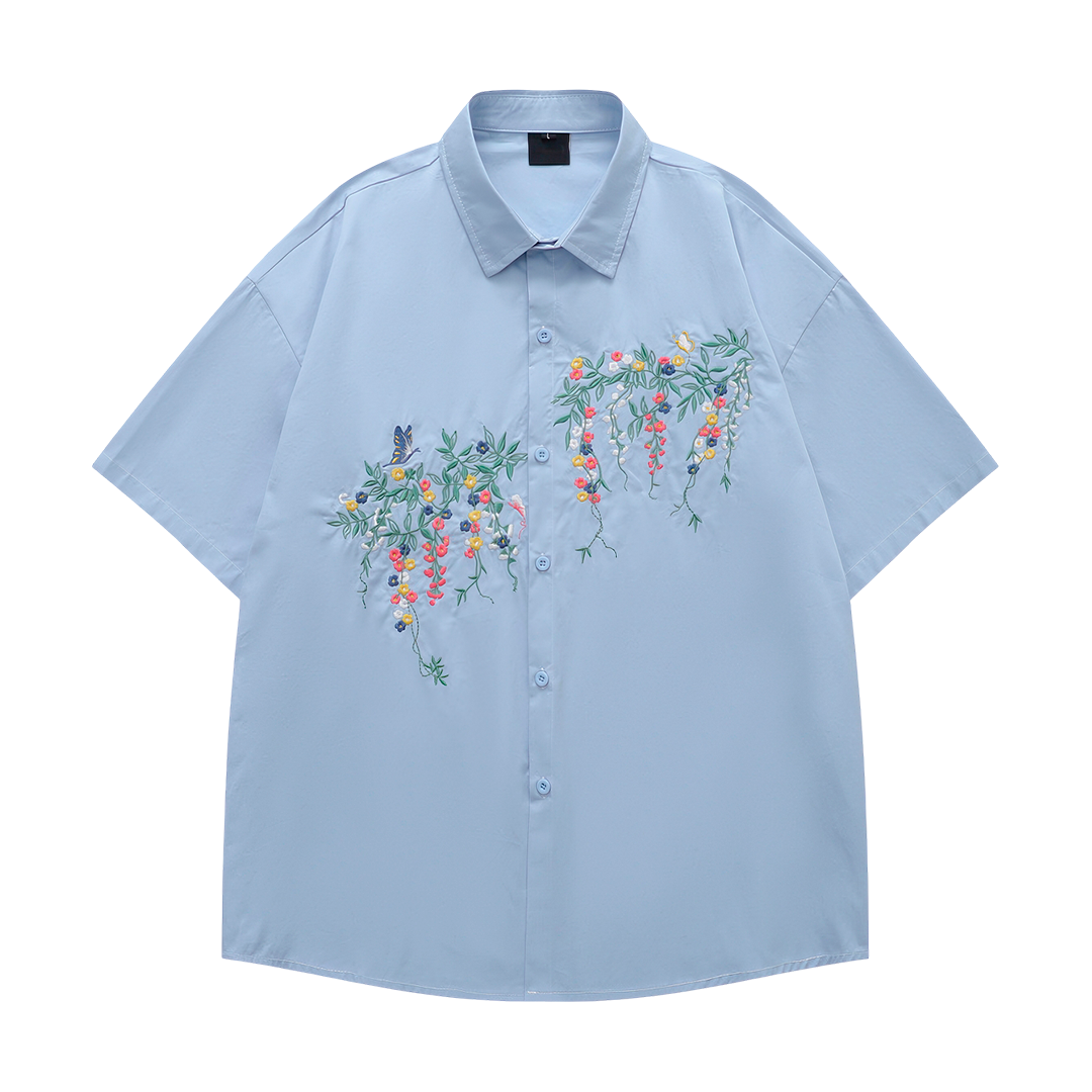 Short-Sleeve Shirt With Colorful Floral Embroidery,