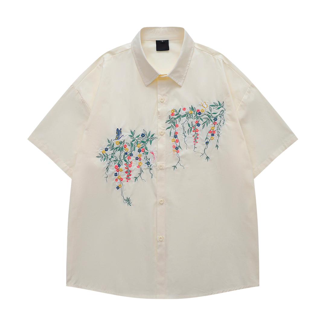 Short-Sleeve Shirt With Colorful Floral Embroidery,