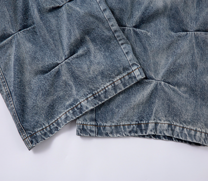Distressed Washed Pleated Jeans