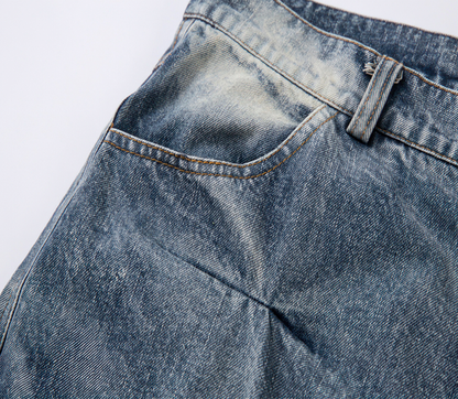 Distressed Washed Pleated Jeans