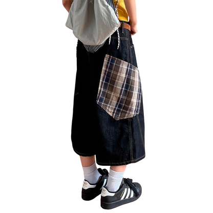 Baggy Plaid Patch Denim Shorts