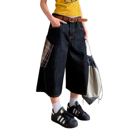 Baggy Plaid Patch Denim Shorts