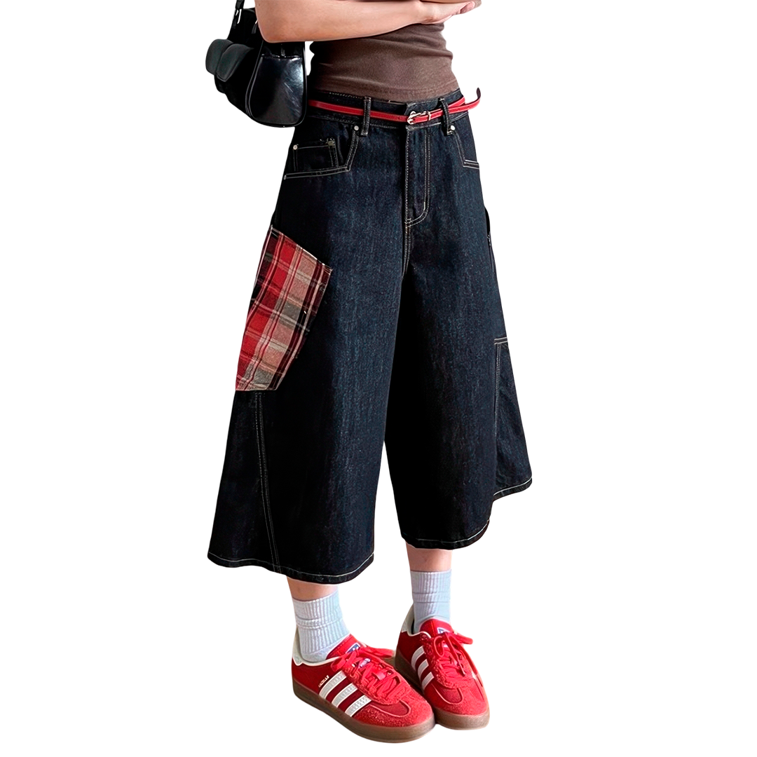 Baggy Plaid Patch Denim Shorts