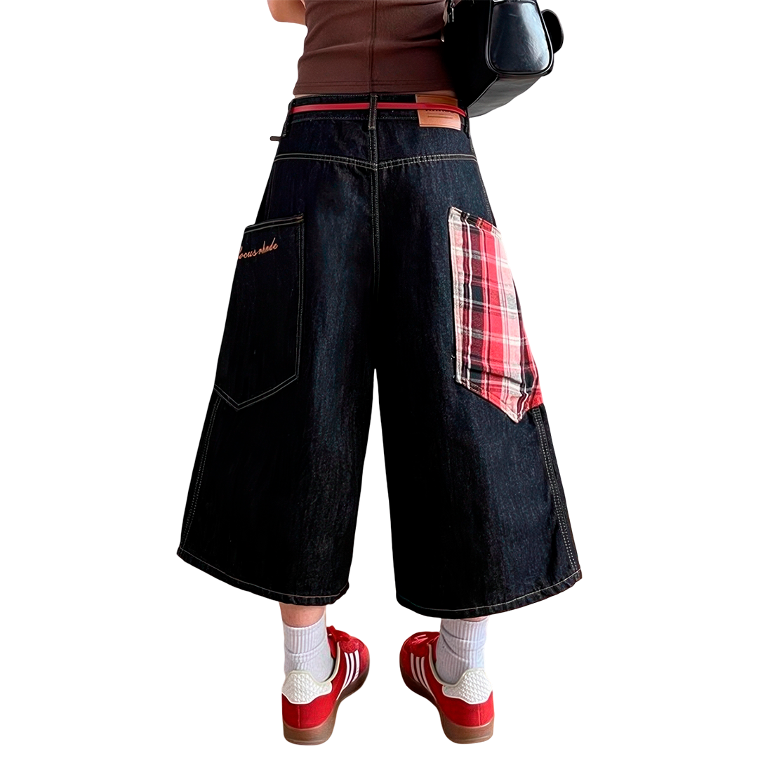 Baggy Plaid Patch Denim Shorts