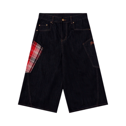 Baggy Plaid Patch Denim Shorts