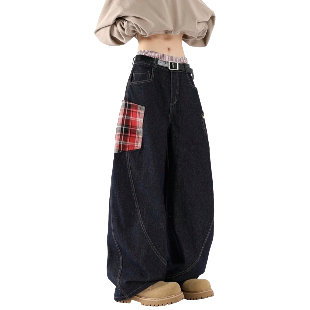 Plaid Patched Loose Jeans