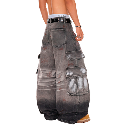 Distressed Wide Leg Cargo Jeans - Vintage Wash Heavy Denim