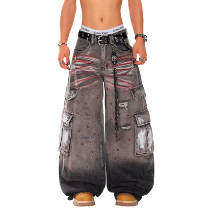Distressed Wide Leg Cargo Jeans - Vintage Wash Heavy Denim