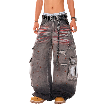 Distressed Wide Leg Cargo Jeans - Vintage Wash Heavy Denim