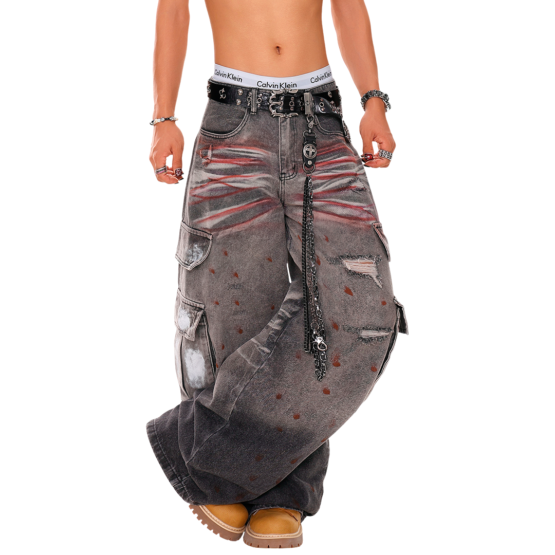 Distressed Wide Leg Cargo Jeans - Vintage Wash Heavy Denim