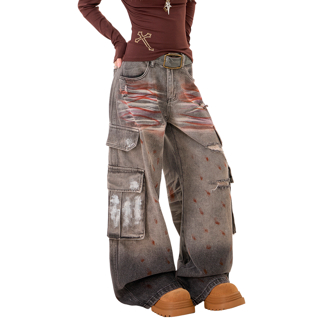 Distressed Wide-Leg Cargo Jeans