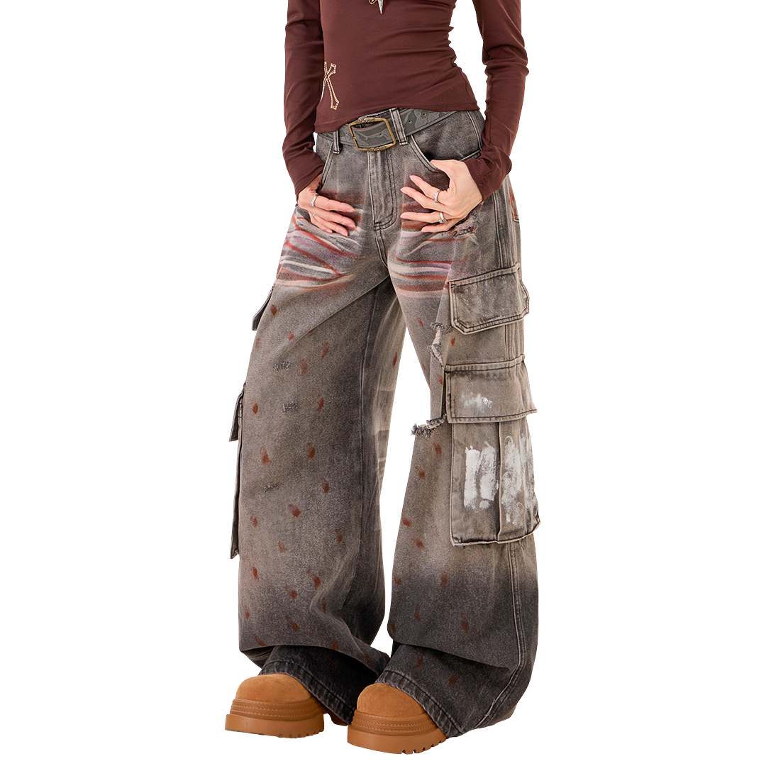 Distressed Wide-Leg Cargo Jeans