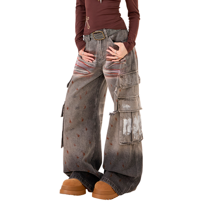 Distressed Wide-Leg Cargo Jeans