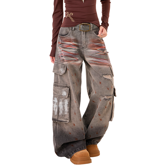 Distressed Wide-Leg Cargo Jeans