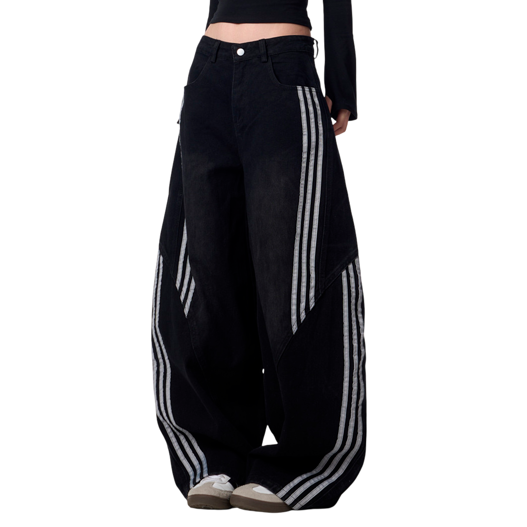 Striped Stitching Wide Leg Barrel Jeans