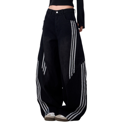 Striped Stitching Wide Leg Barrel Jeans
