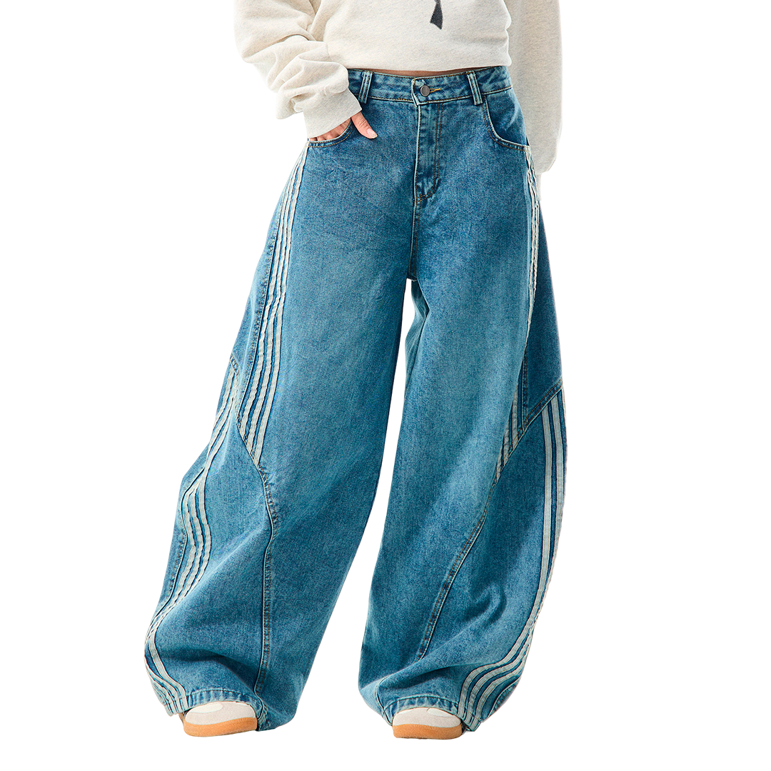 Striped Stitching Wide Leg Barrel Jeans
