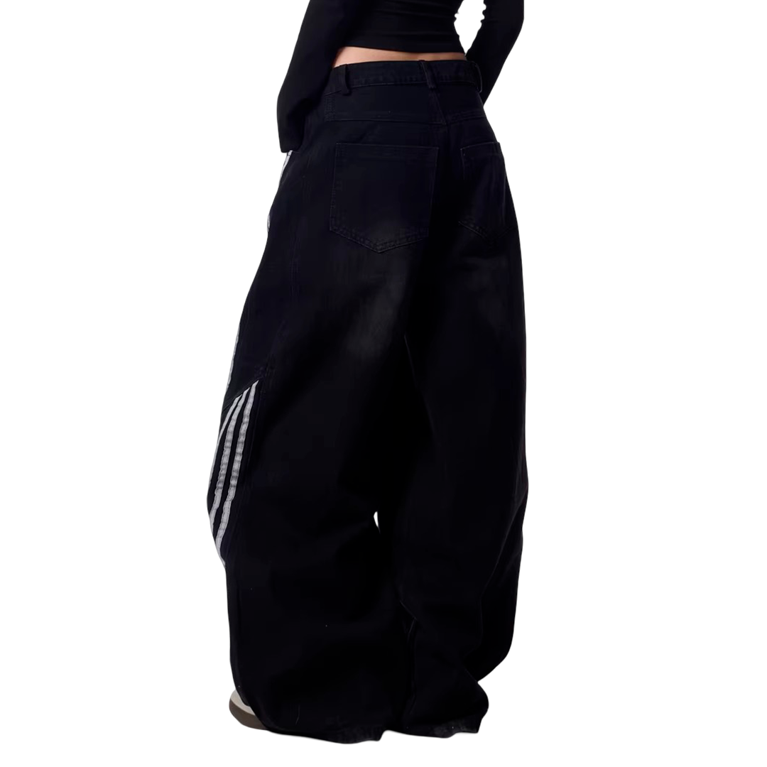 Striped Stitching Wide Leg Barrel Jeans