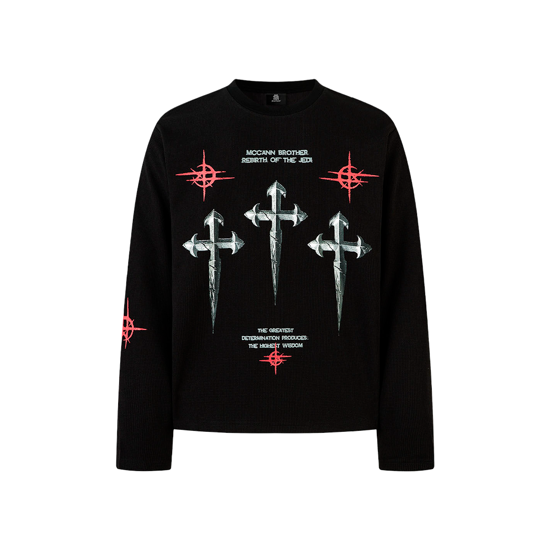 Gothic Letter Print Waffle Texture Long Sleeve Shirt