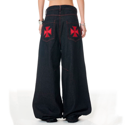 Iron Cross Embroidered Baggy Jeans