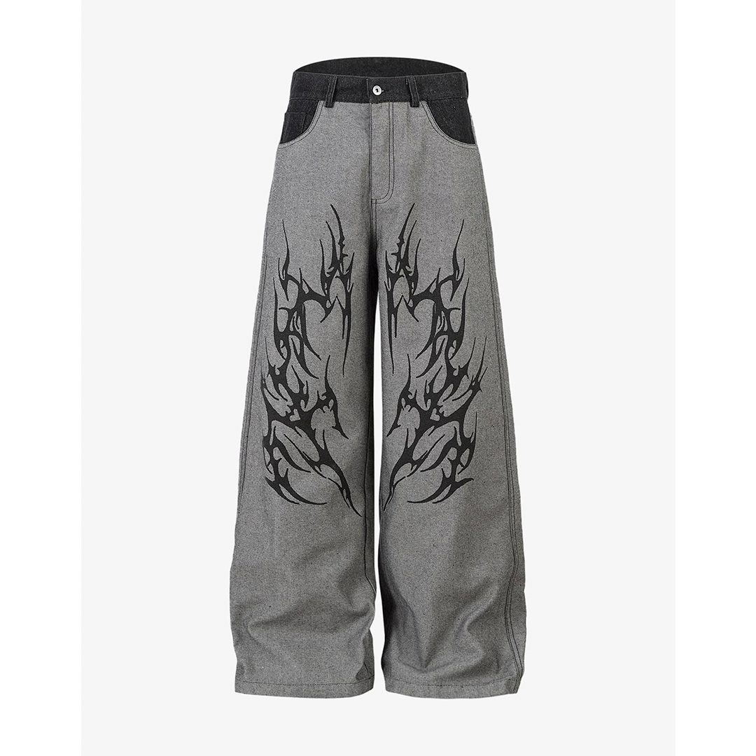 Tribal Flame Graphic Oversized Baggy Denim