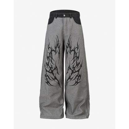 Tribal Flame Graphic Oversized Baggy Denim