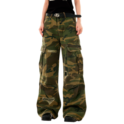 Streetwear Flared Silhouette Ripped Camouflage Cargo Bottoms