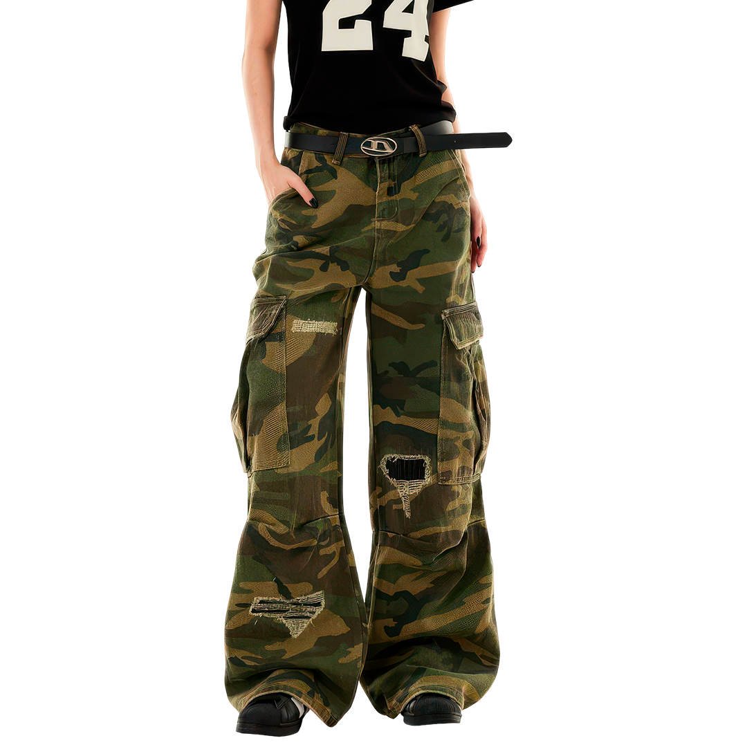Streetwear Flared Silhouette Ripped Camouflage Cargo Bottoms