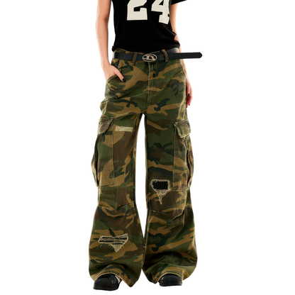 Streetwear Flared Silhouette Ripped Camouflage Cargo Bottoms