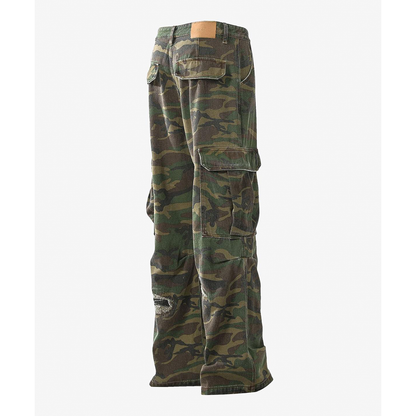 Streetwear Flared Silhouette Ripped Camouflage Cargo Bottoms